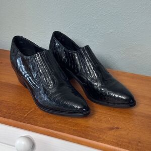 Vintage Dingo Black Leather Slip On Crocodile Shoes Booties 2” heel Size 5.5